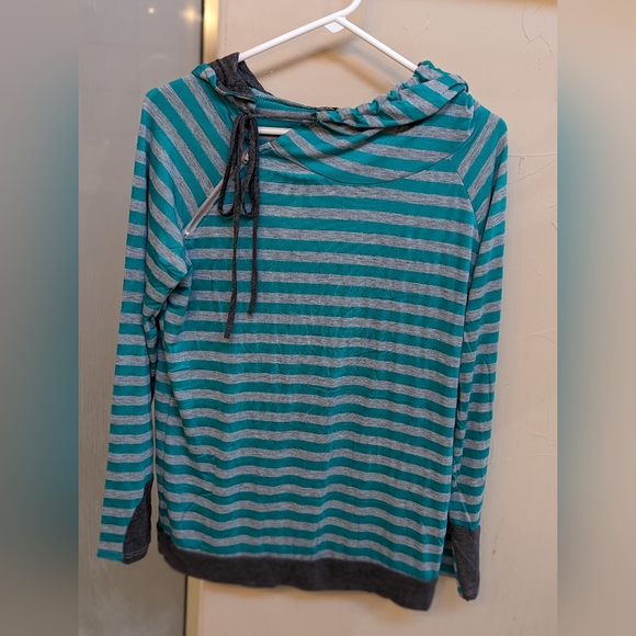 NEW Egs by éloges Green & Gray Two Tone Stripe Zip Accent Hoodie Small - Picture 3 of 10